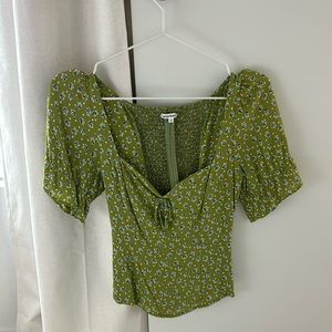 Reformation Green Floral Blouse // Short-Sleeve